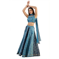Aurelia Blue Printed Zari Embroidered Crop Top, Brocade Flared Skirt And Dupatta Set (Size: S)-24Auas15510-508889