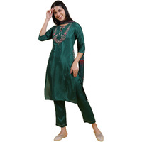 W For Woman Green Thread Embroidered Straight Kurta And Pants Set With Dupatta (Size: L)-Ws12310-119954