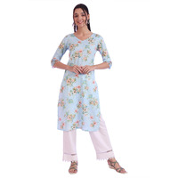 Aurelia Women's Blue Printed Pure Cotton Straight Kurta (Size: L)-A15565-508771