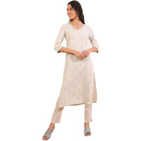 Aurelia Women's Nude Printed Zari Rayon Flax Straight Kurta (Size: L)-A15533-705579