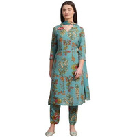W For Woman Reef Blue Floral Printed Modal Straight Kurta, Pants And Dupatta Set (Size: L)-Ws11612-124286