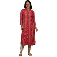 W For Woman Red Ikat Yarn Dyed Pure Cotton Shirt Collar Sleeveless Kurta (Size: L)-W12278-314172