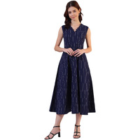 W For Woman Dyed Flared Pure Cotton Dress (Size: M)-W12449-314198 Navy Blue