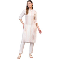 Aurelia Women's Beige Striped Rayon Flax Straight Kurta (Size:S)-A15704