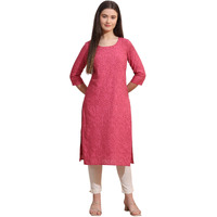 W For Woman Pink Floral Schiffli Embroidered Straight Kurta In Round Neck (Size: Xl)-W12322-400799