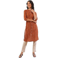 Aurelia Women's Orange Yarn Dyed Cotton Blend Straight Kurta (Size: L)-A15649-705499