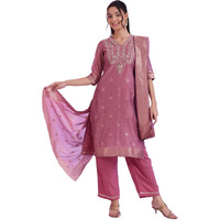 Aurelia Women's Purple Yarn Dyed Straight Kurta With Palazzos & Dupatta Set (Size: 2Xl)-As15762-705620
