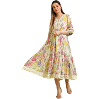 W For Woman Floral Printed Flared Polyester Dress (Size: 2Xl)-W12396-125276 Cream