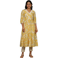 W For Woman White And Yellow Floral Printed Pure Cotton Flared Kurta (Size: M)-W12402-125271