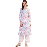 W For Woman Floral Printed Flared Pure Cotton Kurta With Embroidered Neck (Size: 2Xl)-W12558-121998 Light Purple