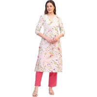 W For Woman White Floral Printed Textured Schiffli Embroidered Straight Kurta (Size:S)-W12556