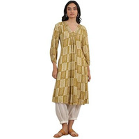 W For Woman Green Paisley Printed Cotton Crepe Gathered Kurta With Mirror Embroidery (Size: L)-W12178-124725