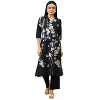 W For Woman Black Floral Printed Pure Cotton Straight Kurta (Size: M)-W12231-125259
