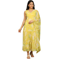 W For Woman Yellow Floral Printed Tiered Dress And Dupatta Set (Size: M)-Ws12682-125807