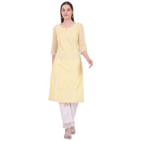 Aurelia Women's Yellow Embroidered Cotton Blend Straight Kurta (Size: 2Xl)-A15829-E608308
