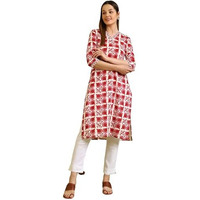 W For Woman Floral Printed Straight Pure Cotton Kurta With Border Patch (Size: 2Xl)-W12746-123963 Ecru