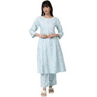 W For Woman Sky Blue Floral Printed A-Line Kurta And Pants Co-Ord Set (Size: Xl)-Ws12755-125518