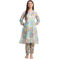 W For Woman White Floral Printed Flared Pure Cotton Kurta And Pants Co-Ord Set (Size: Xl)-Ws12662-125343
