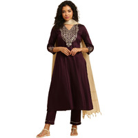 W For Woman Purple Panelled Embroidered Kurta, Slim Pants And Dupatta Set (Size: L)-Ws10451-221088