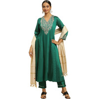 W For Woman Green Panelled Embroidered Kurta, Slim Pants And Dupatta Set (Size: 2Xl)-Ws10451-221250