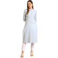 Aurelia Women's Dusty Blue Embroidered Cotton Lurex Straight Kurta (Size: L)-A15796-704238