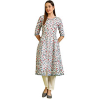 W For Woman Light Blue Glitter Floral Printed Pure Cotton Flared Kurta (Size:2Xl)-W10164
