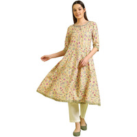 W For Woman Light Yellow Floral Printed Pure Cotton Flared Kurta And Pants Set (Size:M)-Ws10164