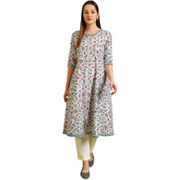 W For Woman Light Blue Floral Printed Pure Cotton Flared Kurta And Pants Set (Size:M)-Ws10164