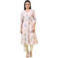 W For Woman Pink Floral Printed Pure Cotton A-Line Kurta With Thread Embroidery (Size: S)-W12220-126178