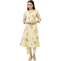 W For Woman Yellow Floral Printed Pure Cotton A-Line Kurta With Thread Embroidery (Size: L)-W12220-126114