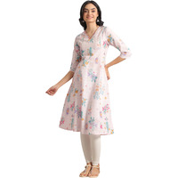 W For Woman Light Pink Floral Printed A-Line Pure Cotton Kurta And Leggings Set (Size: Xl)-Ws12220-126178