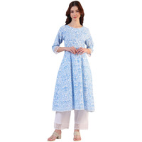 W For Woman Light Blue Floral Printed Flared Kurta (Size:3Xl)-W10817