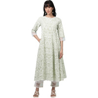 W For Woman Green Floral Printed Pure Cotton Anarkali Kurta (Size: S)-W10817-126111