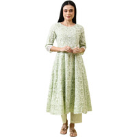 W For Woman Green Paisley Printed Pure Cotton Anarkali Kurta And Pants Set (Size: M)-Ws10817-126111