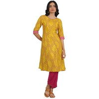 W For Woman Marigold Yellow Floral Printed Straight Shantung Kurta And Pants Set (Size: M)-Ws19962-122247