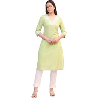 W For Woman Pistachio Green Mirror Work Pure Cotton Straight Kurta (Size:S)-W12711