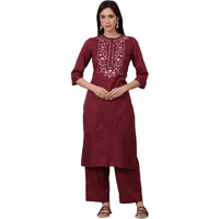 Aurelia Women's Maroon Embroidered Yoke Pure Cotton Straight Kurta And Pants Set (Size: M)-Asst15025-221943