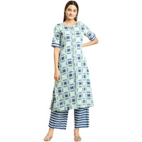 Rangita Blue Cotton Printed A-Line Kurta With Palazzo | Kurta Set For Women_M