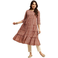 Rangita Rust Cotton Calf Length Printed Tiered Flared Kurti For Women | Kurta For Women_2Xl