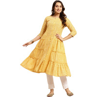 Rangita Yellow Cotton Calf Length Printed Tiered Flared Kurti For Women | Kurta For Women_2Xl