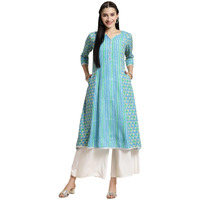 Rangita Blue Rayon Calf Length Printed Flared Kurti For Women | Kurta For Women_S