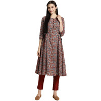 Rangita Rust Cotton Calf Length Printed Flared Kurti For Women | Kurta For Women_Xl