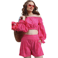 Ketch Women Polyester Printed Western Casual Fit Co-Ord Set Standard Length Playwear Dress (Khce000053_Pink_M)