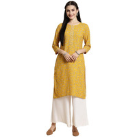 Rangita Yellow Rayon Knee Length Printed Straight Kurti For Women | Kurta For Women_L