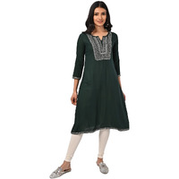Rangita Green Rayon Calf Length Embroidered A-Line Kurti For Women | Kurta For Women_Xl