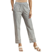 Rangita Women 100% Cotton Light Grey Printed Ankle Length Straight Pant, M