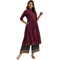 Rangita Wine Rayon Calf Length Printed Flared Kurti For Women | Kurta For Women_L