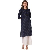Rangita Navy Cotton Calf Length Printed Straight Kurti For Women | Kurta For Women_2Xl