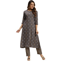 Rangita Women Rayon Gold Printed Calf Length A-Line Kurta With Pants Set_8905723142162