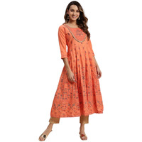 Rangita Orange Cotton Calf Length Embroidered Flared Kurti For Women | Kurta For Women_S